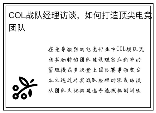 COL战队经理访谈，如何打造顶尖电竞团队