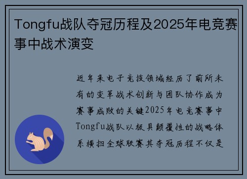 Tongfu战队夺冠历程及2025年电竞赛事中战术演变