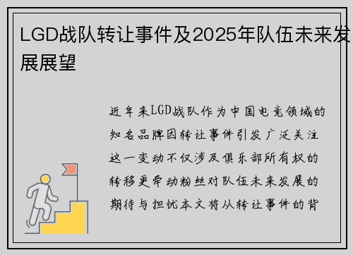 LGD战队转让事件及2025年队伍未来发展展望